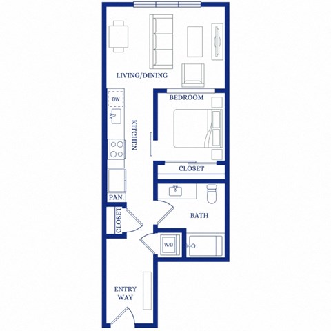 Floor plan for 1 bed, 1 bath, 605 sqft